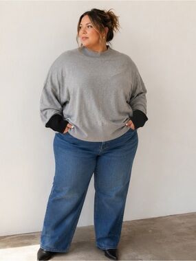 Universal Standard Gray Mock Neck Sweater Contrast Cuff Cotton Blend Size 14-16